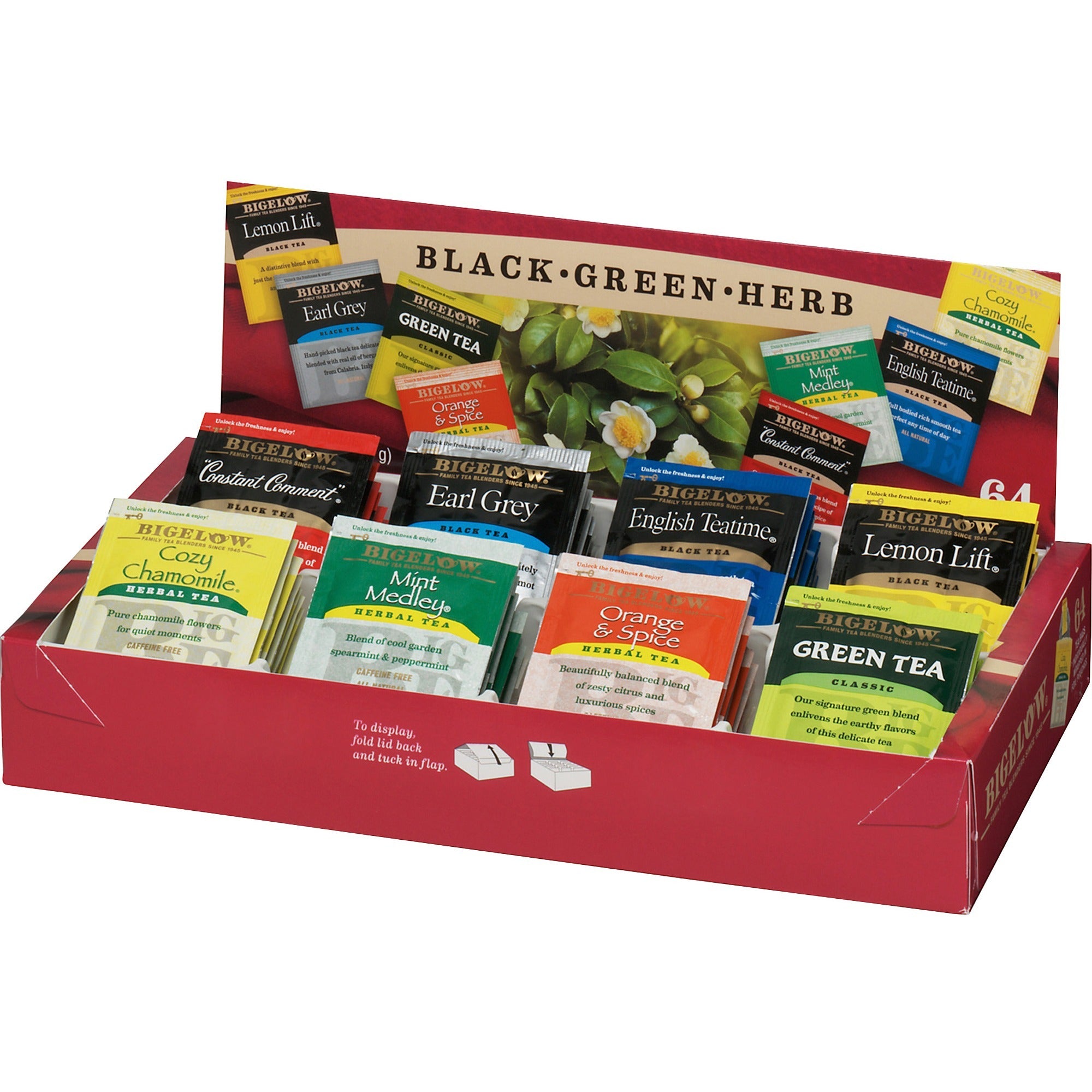 Bigelow Assorted Flavor Herbal Tea, Black Tea, Green Tea Bag - Herbal Tea, Black Tea, Green Tea - 64 / Box