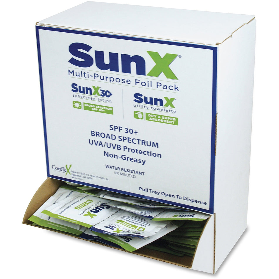 SunX CoreTex SPF30 Sunscreen Towelettes with Dispenser - Lotion - Dispenser Box - Non-greasy, Water Resistant, Sweat Proof, Oil-free, PABA-free - 50/Dispenser Box - 1 Each