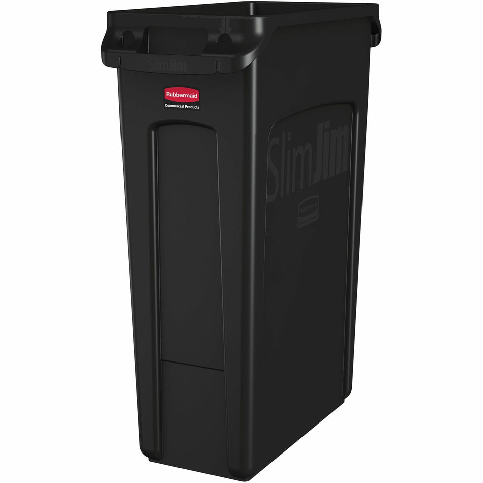 Rubbermaid Commercial Slim Jim 23-Gallon Vented Waste Container - 23 gal Capacity - Rectangular - Durable, Handle - 30" Height x 11" Width x 22" Depth - Plastic - Black - 1 Each