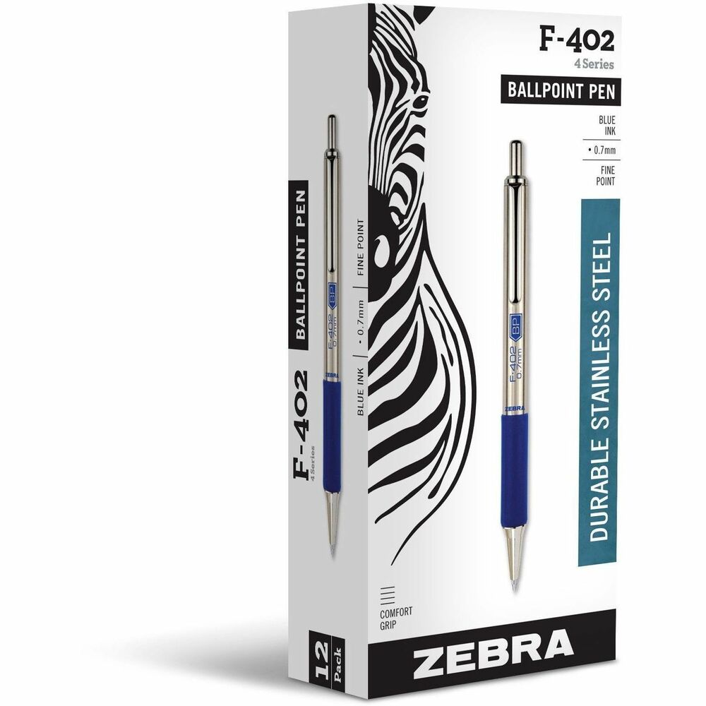 Zebra F-402 Retractable Ballpoint 0.7mm Blue ink - 0.7 mm Fine Pen Point - Refillable - Retractable - Blue Ink - Stainless Steel Barrel