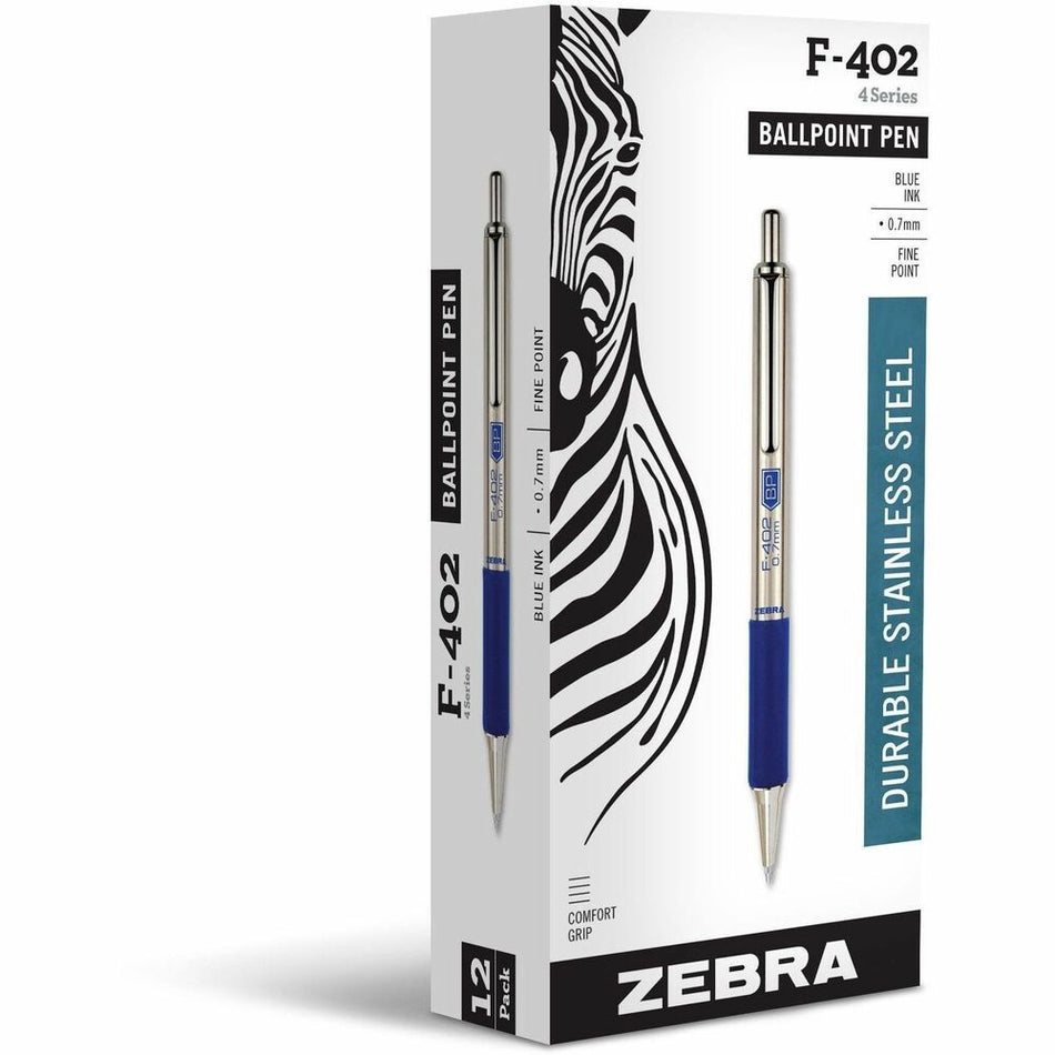 Zebra F-402 Retractable Ballpoint 0.7mm Blue ink - 0.7 mm Fine Pen Point - Refillable - Retractable - Blue Ink - Stainless Steel Barrel