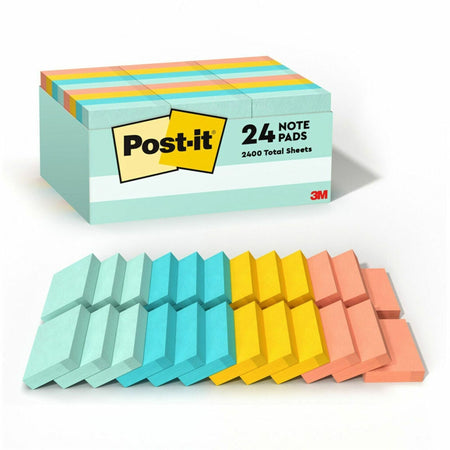 Post-it® Notes Value Pack - Beachside Caf&eacute; Color Collection - 2400 - 1 1/2" Flag/Note Width x 2" Flag/Note Length - Rectangle - Unruled - Fresh Mint, Aqua Splash, Sunnyside, Papaya Fizz - Paper - Self-adhesive, Repositionable - 24 / Pack
