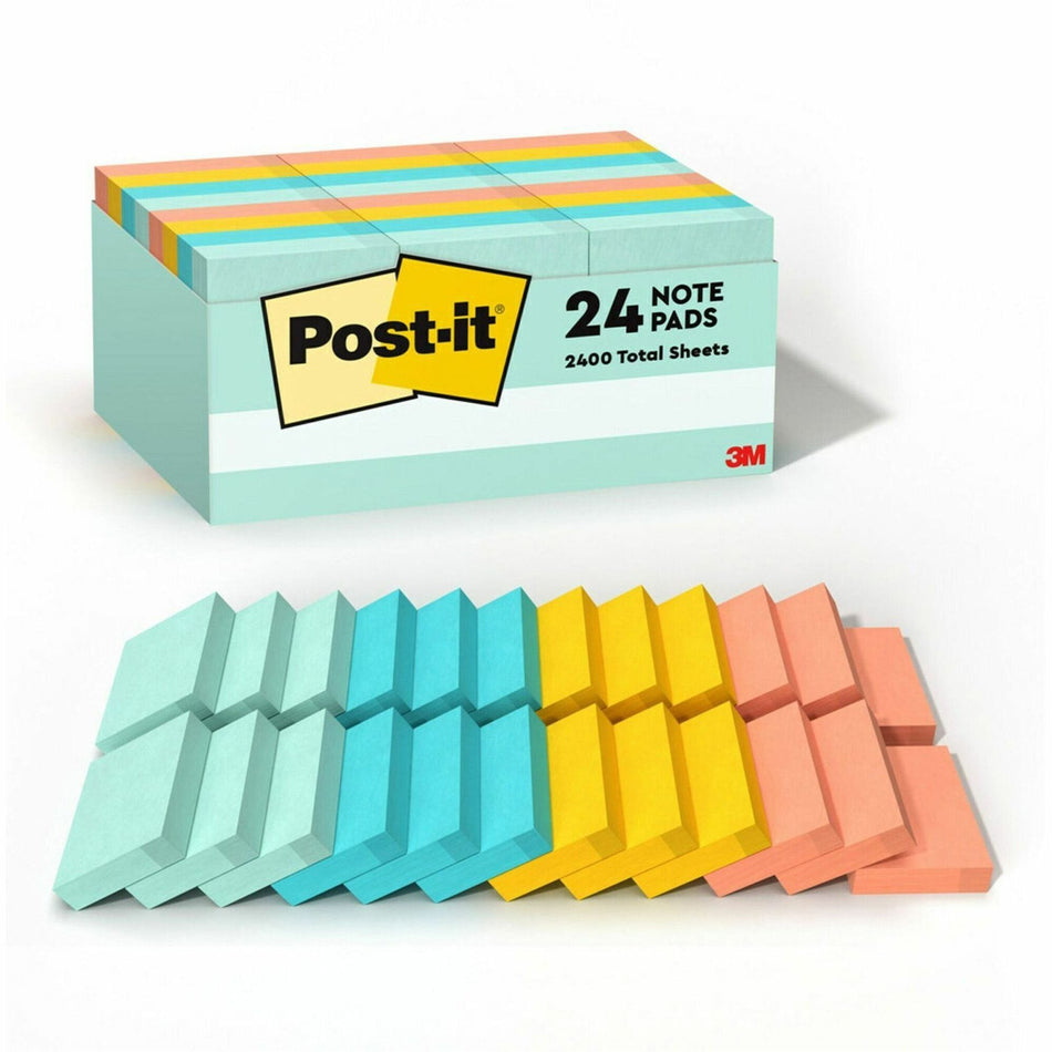 Post-it® Notes Value Pack - Beachside Caf&eacute; Color Collection - 2400 - 1 1/2" Flag/Note Width x 2" Flag/Note Length - Rectangle - Unruled - Fresh Mint, Aqua Splash, Sunnyside, Papaya Fizz - Paper - Self-adhesive, Repositionable - 24 / Pack