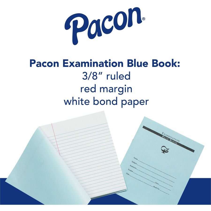Pacon Blue Book Examination Book - 8 Sheets - 0.37" Ruled - Red Margin - 7" x 8 1/2" Sheet Size - White Paper - Blue Cover - Bond Paper - Recycled - 1000 / Carton