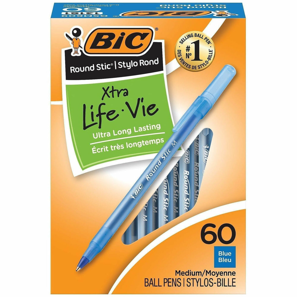 BIC Round Stic Ballpoint Pens - Medium Pen Point - Blue Ink - Blue Barrel - 60 / Box