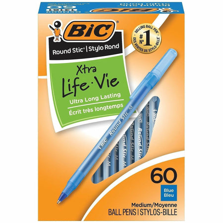 BIC Round Stic Ballpoint Pens - Medium Pen Point - Blue Ink - Blue Barrel - 60 / Box