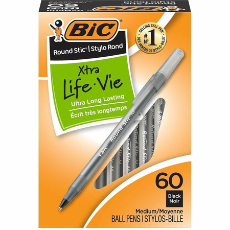BIC Round Stic Ballpoint Pens - Medium Pen Point - Black Ink - Black Barrel - Brass Tip - 60 / Box
