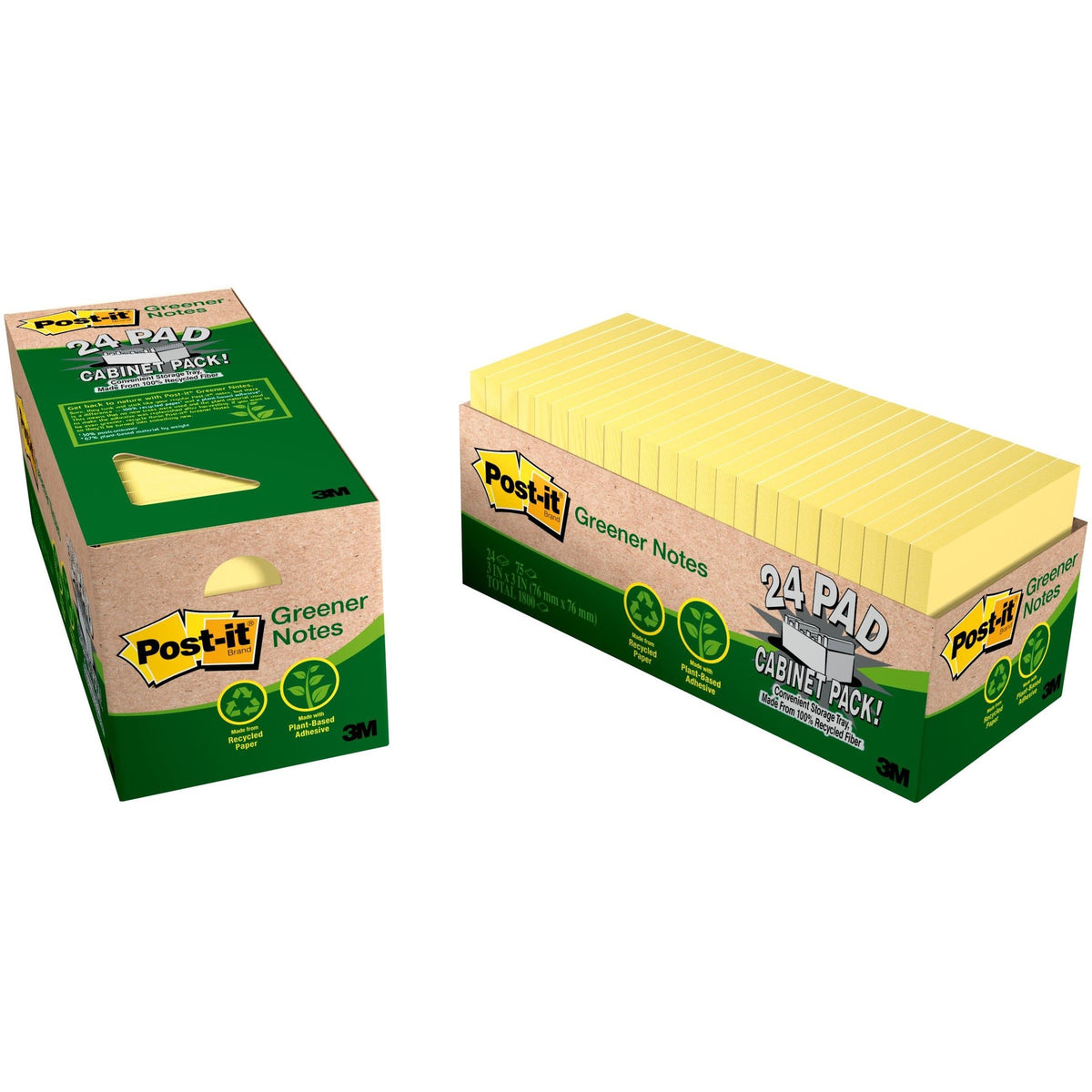 Post-it® Greener Notes Cabinet Pack - 1800 - 3" Flag/Note Width x 3" Flag/Note Length - Square - 75 Sheets per Pad - Unruled - Canary Yellow - Paper - Self-adhesive, Repositionable - Recycled - 24 / Pack
