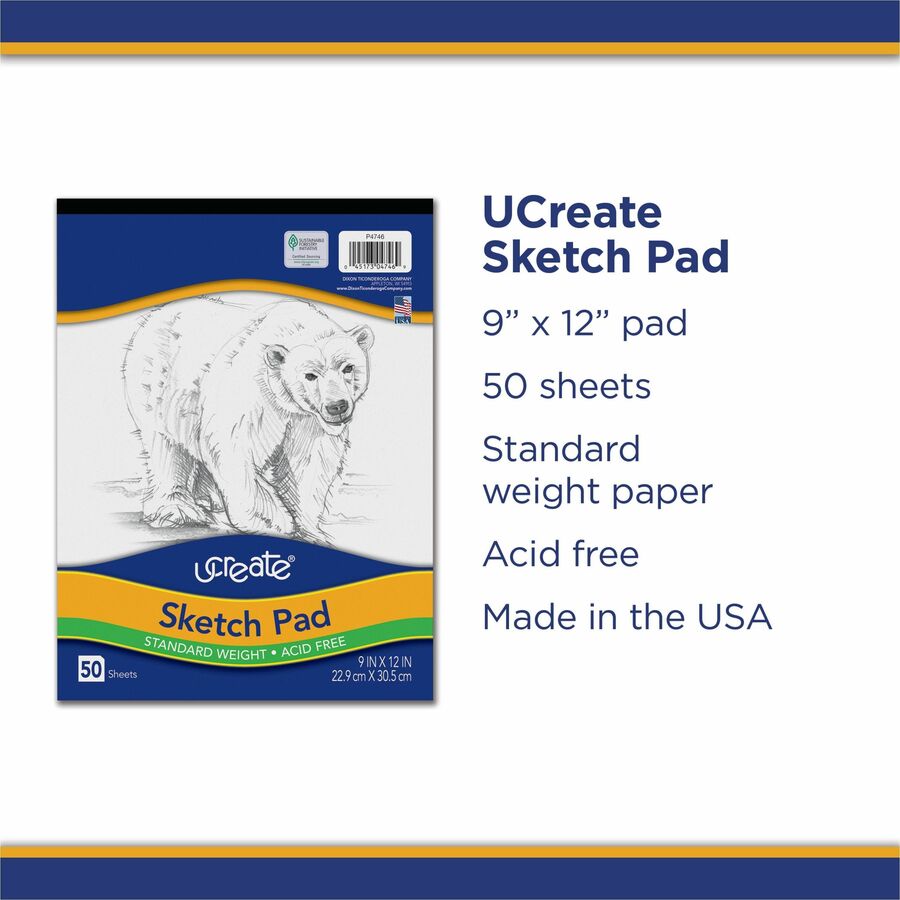 UCreate Medium Weight Sketch Pads - 50 Sheets - 9" x 12" Sheet Size - White Paper - Acid-free, Mediumweight - Recycled - 1 Pad