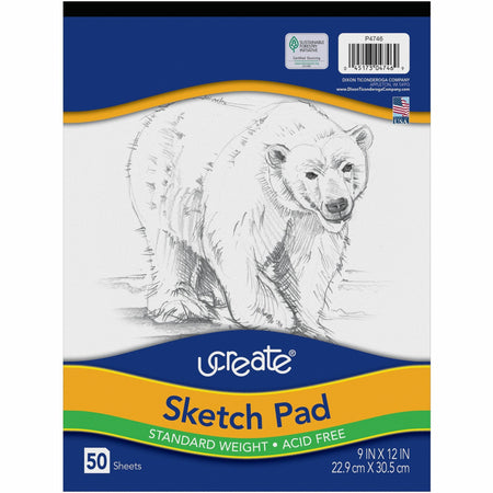 UCreate Medium Weight Sketch Pads - 50 Sheets - 9" x 12" Sheet Size - White Paper - Acid-free, Mediumweight - Recycled - 1 Pad