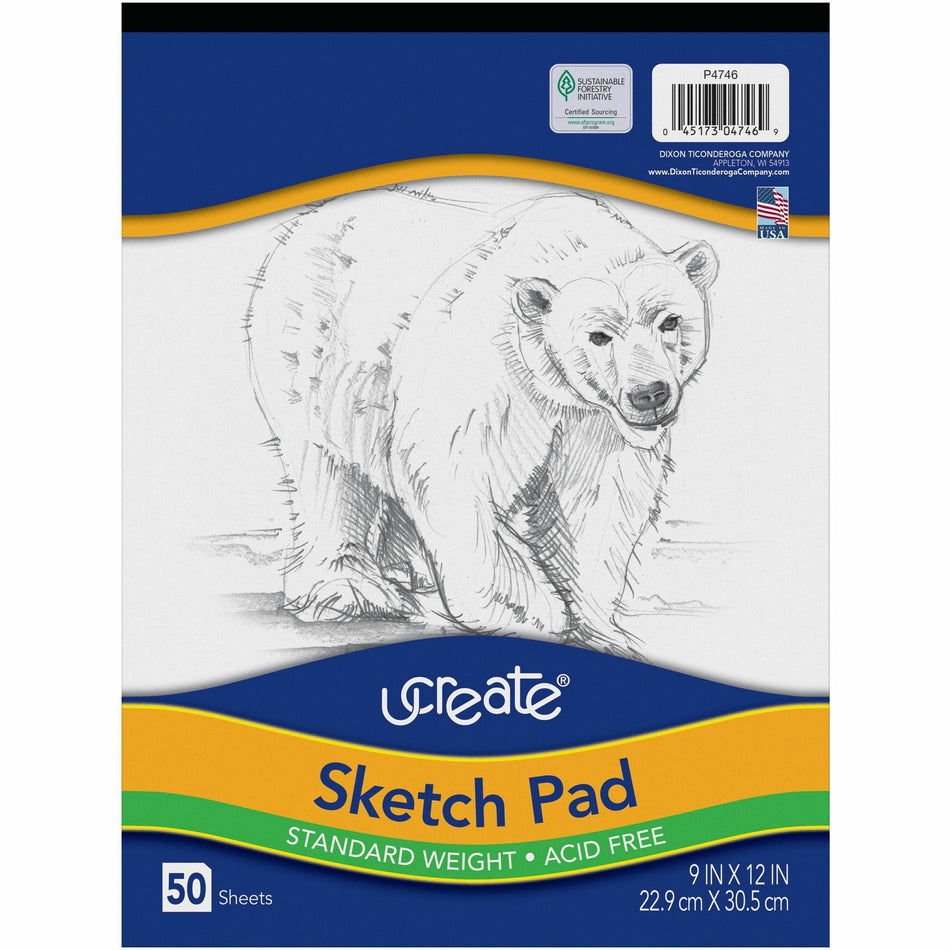 UCreate Medium Weight Sketch Pads - 50 Sheets - 9" x 12" Sheet Size - White Paper - Acid-free, Mediumweight - Recycled - 1 Pad