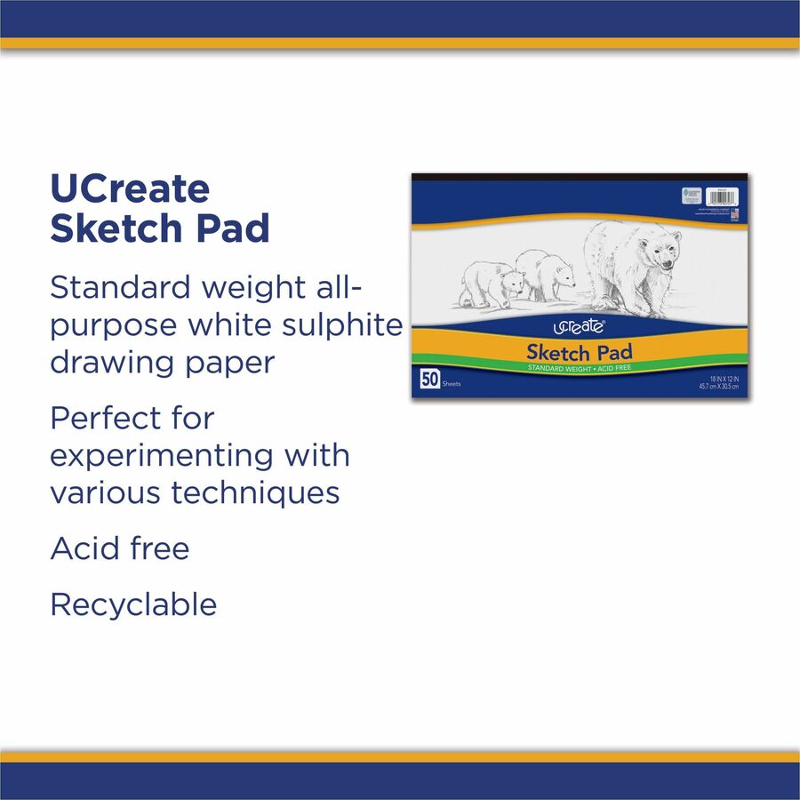 UCreate Medium Weight Sketch Pads - 50 Sheets - 18" x 12" Sheet Size - White Paper - Mediumweight, Acid-free - Recycled - 1 Pad