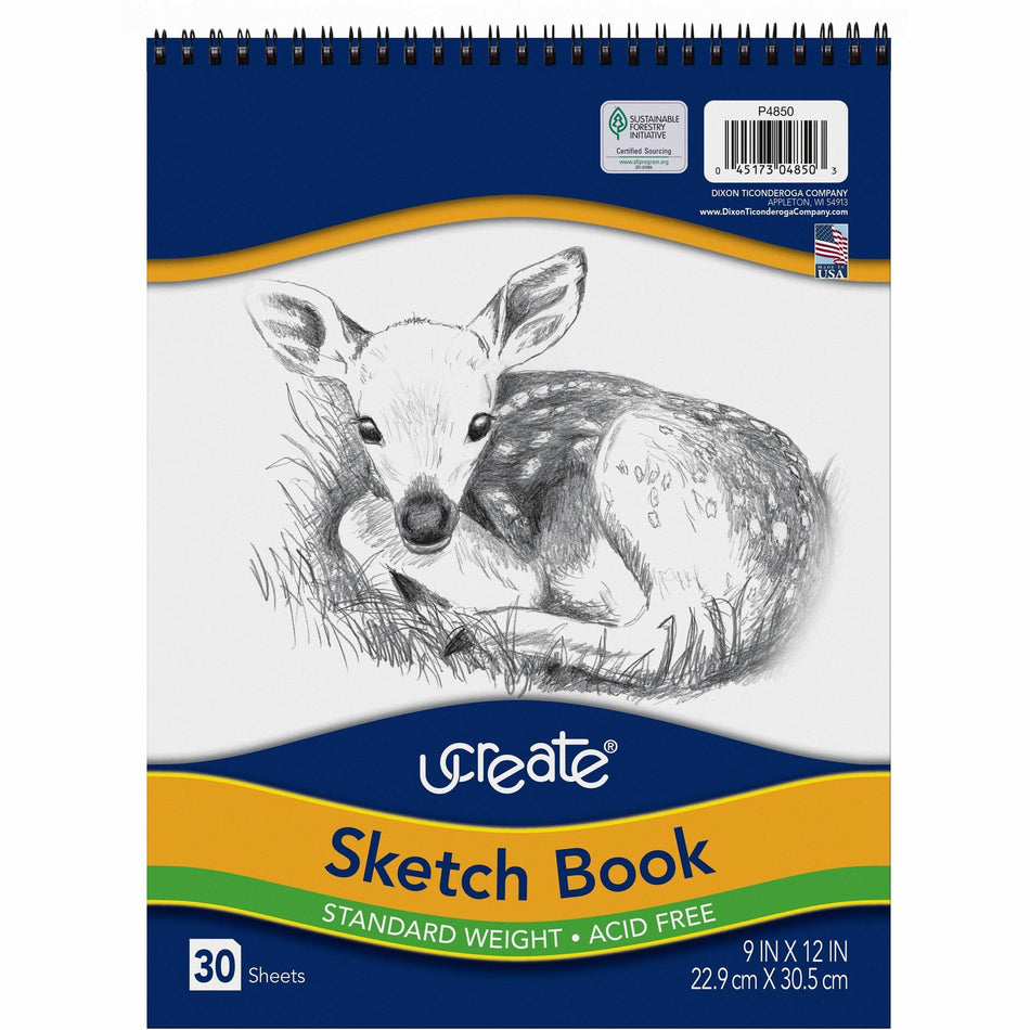 UCreate Medium Weight Acid Free Sketch Books - 30 Sheets - Spiral - 9" x 12" Sheet Size - White Paper - Acid-free, Mediumweight - Recycled - 1 Pad