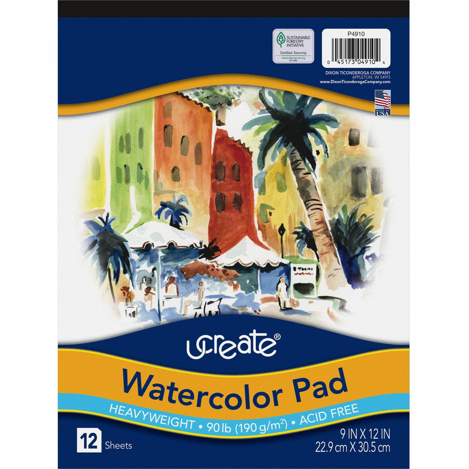 UCreate Watercolor Pad - 12 Sheets - 9" x 12" Sheet Size - White Paper - Acid-free - Recycled - 1 Pad