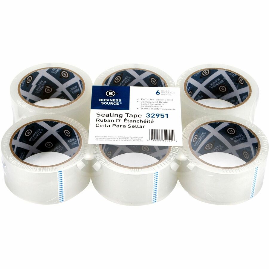 Business Source 3" Core Sealing Tape - 55 yd Length x 1.88" Width - 3" Core - Clear - Pressure-sensitive Poly - 2 mil - Adhesive Backing - Abrasion Resistant, Moisture Resistant, Split Resistant - For Packing, Sealing - 6 / Pack