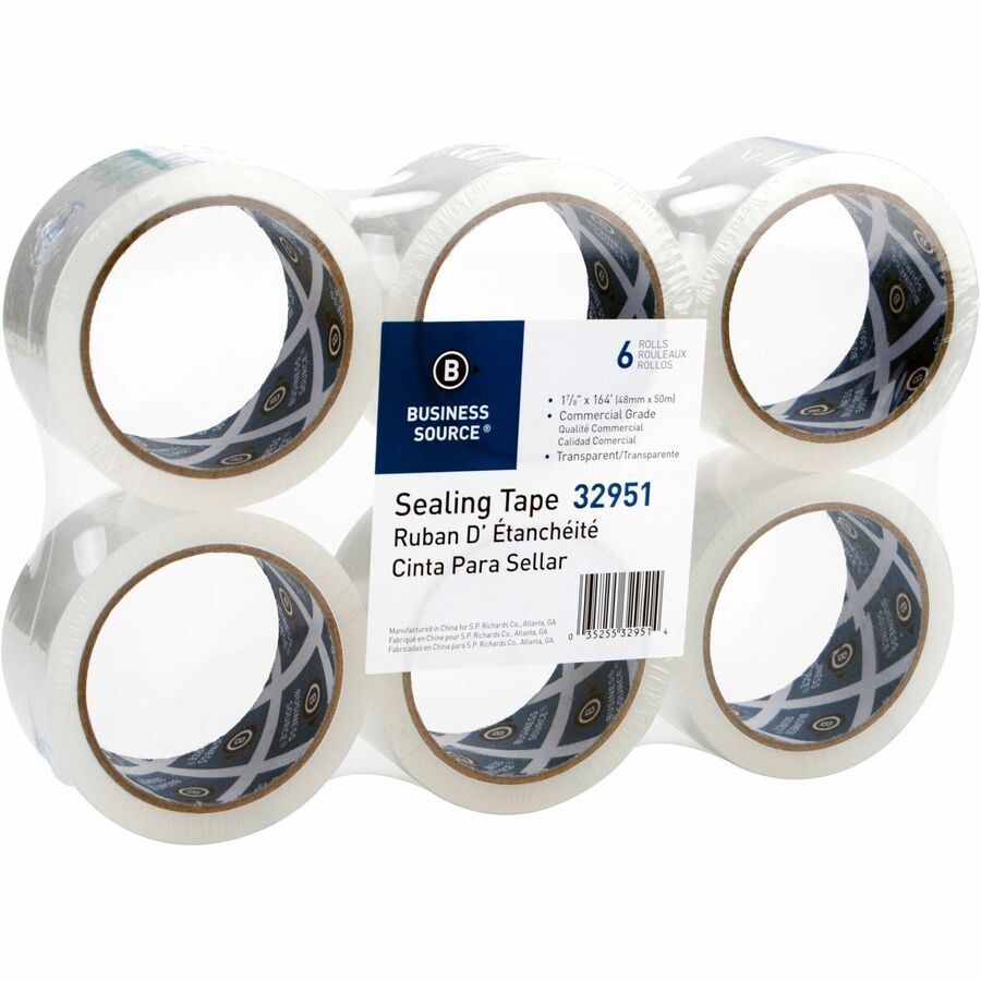 Business Source 3" Core Sealing Tape - 55 yd Length x 1.88" Width - 3" Core - Clear - Pressure-sensitive Poly - 2 mil - Adhesive Backing - Abrasion Resistant, Moisture Resistant, Split Resistant - For Packing, Sealing - 6 / Pack