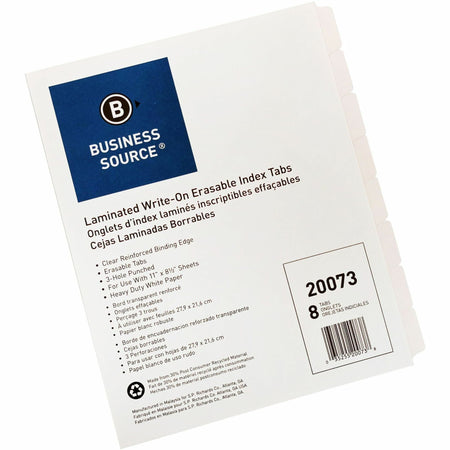 Business Source 3-Ring 8-Tab Indexes - 8 Write-on Tab(s) - 1.25" Tab Width - 8.5" Divider Width x 11" Divider Length - Letter - 3 Hole Punched - White Divider - White Mylar Tab(s) - 100% Recycled - Reinforced Edges, Punched - 8 / Pack
