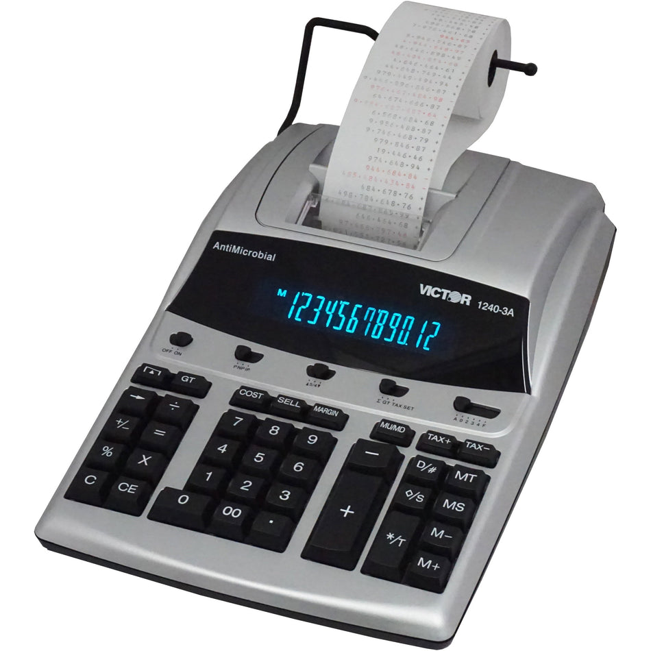 Victor 12403A Professional Calculator - Dual Color Print - Dot Matrix - 4.3 lps - Big Display, Independent Memory - 12 Digits - Fluorescent - AC Supply/Power Adapter Powered - 3.3" Height x 9" Width x 12.8" Length - White - 1 Each