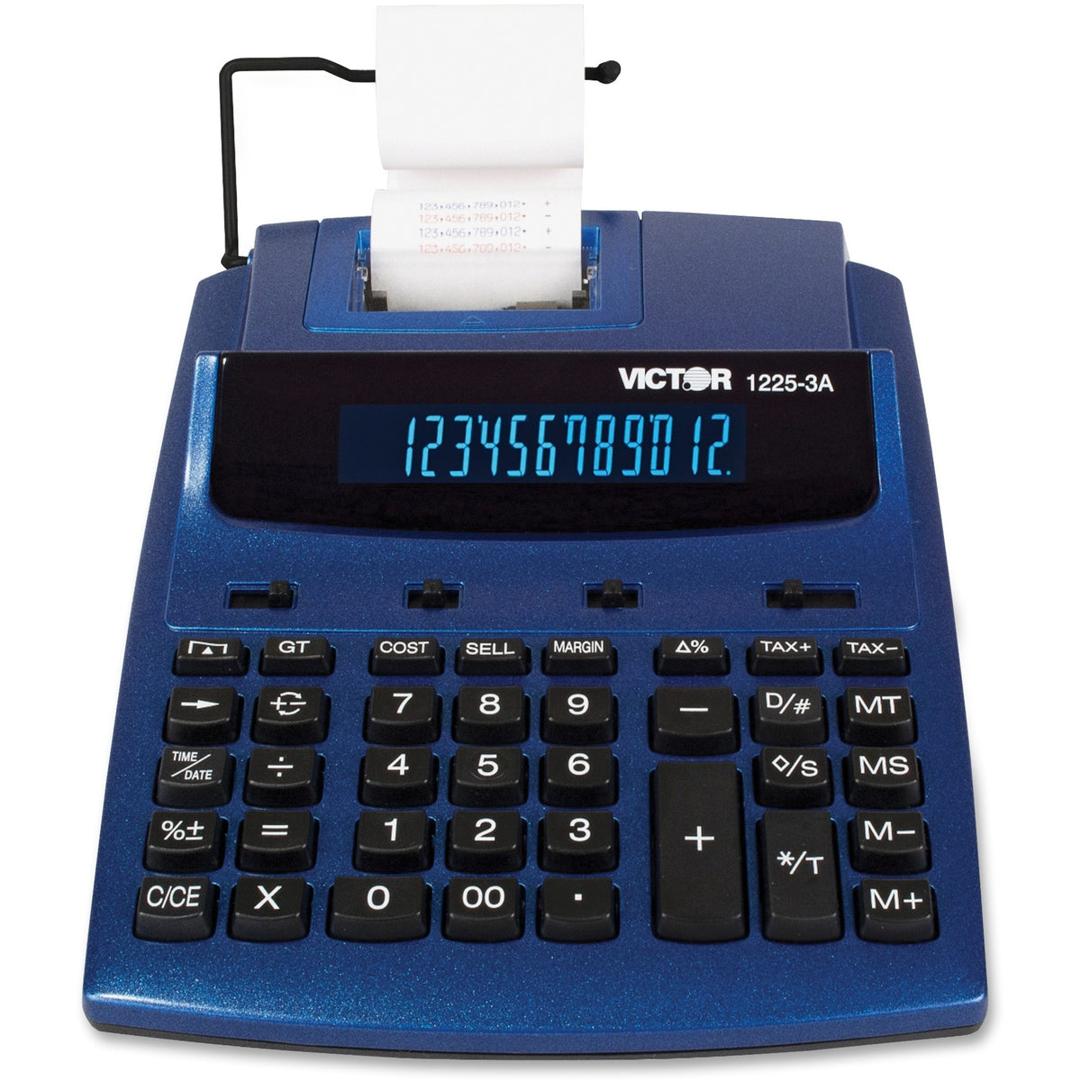 Victor 12253A Commercial Calculator - Dual Color Print - 3 lps - Big Display, Clock, Date - 0.75" - 12 Digits - Fluorescent - AC Supply/Power Adapter Powered - 4 x AA - 2.5" Height x 7.8" Width x 9.8" Length - White - 1 Each