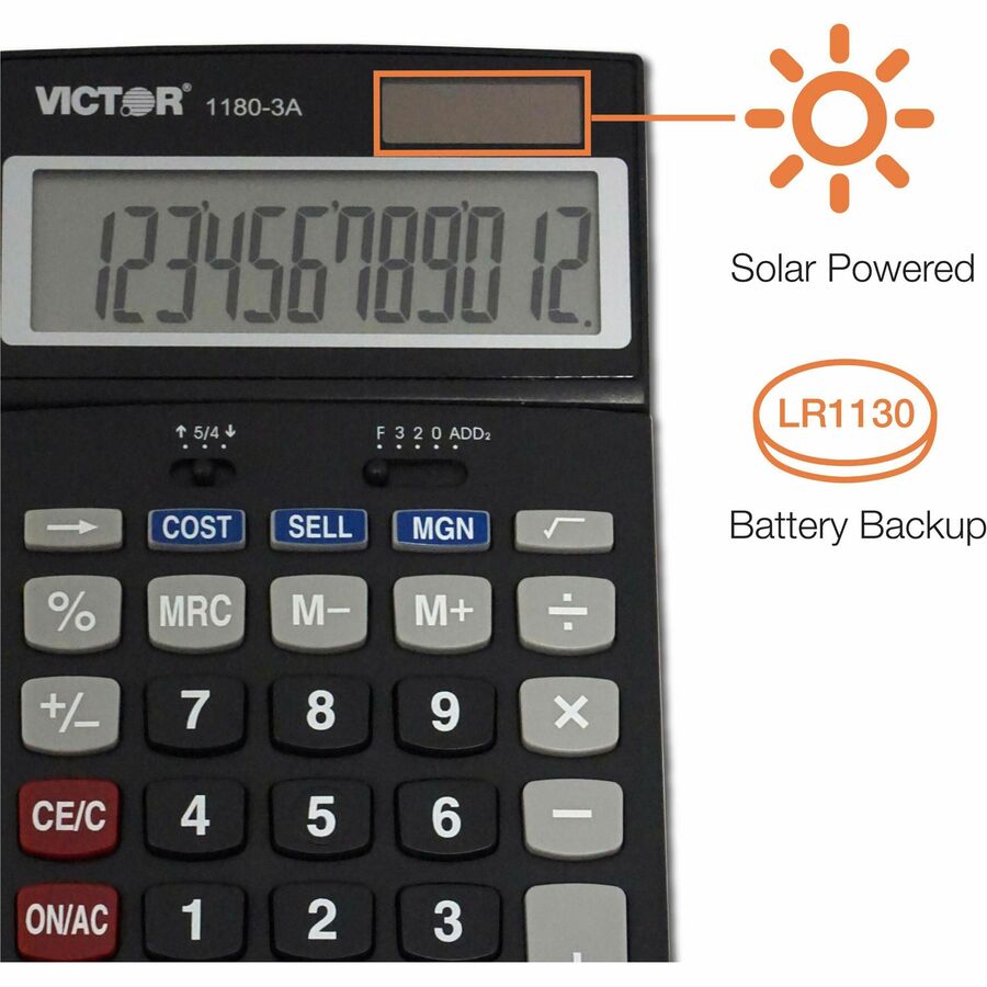 Victor 11803A Business Calculator - Easy-to-read Display, Auto Power Off - 12 Digits - LCD - Battery/Solar Powered - 1.1" Height x 4" Width x 6.5" Length - Black - Plastic - 1 Each