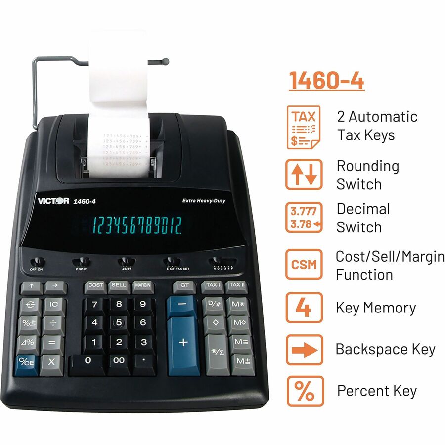 Victor 14604 Printing Calculator - Independent Memory, Big Display, Heavy Duty, Sign Change, Item Count, 4-Key Memory, Easy-to-read Display - 3.3" Height x 8" Width x 12.3" Length - Black - 1 Each