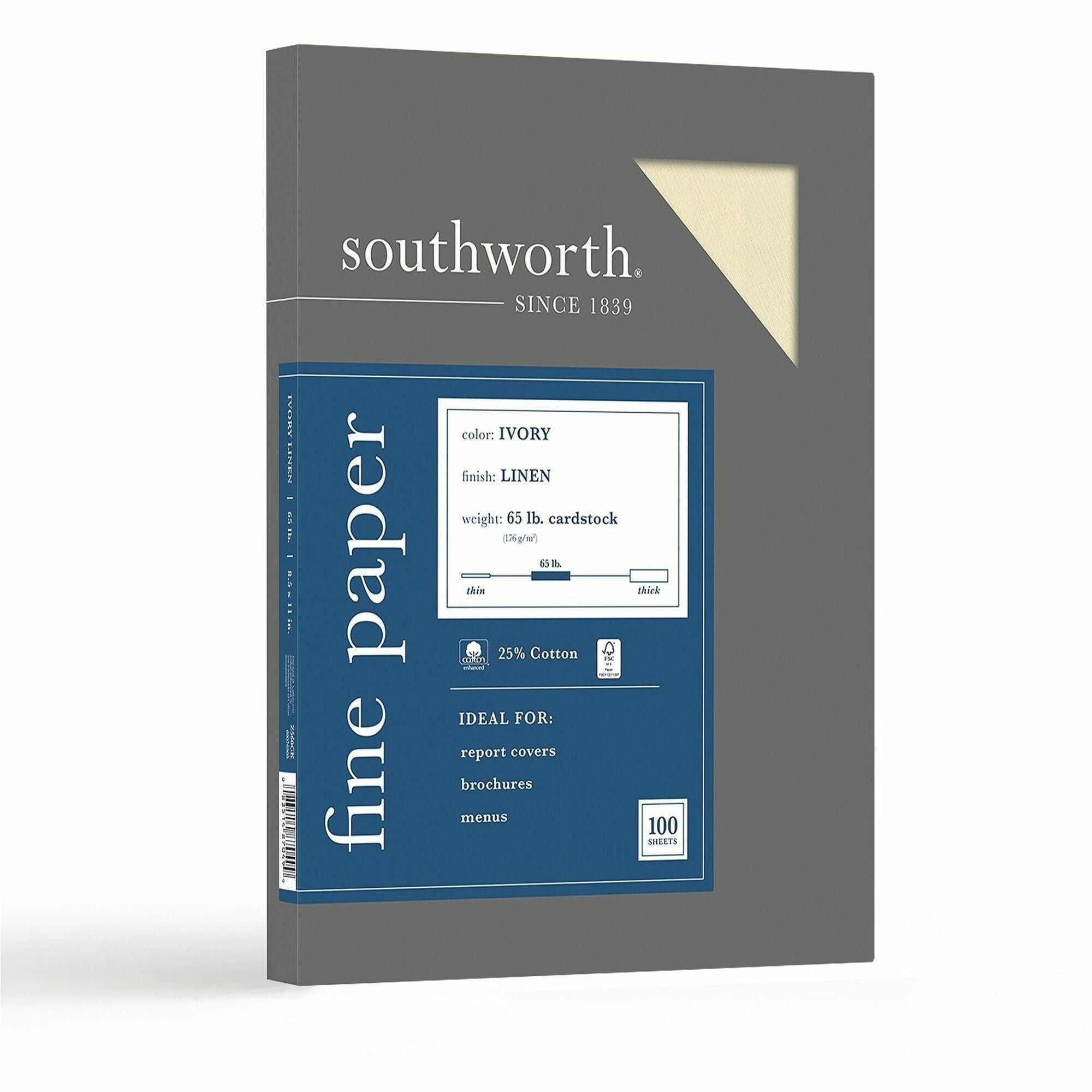 Southworth 25% Cotton Business Cover Stock - Letter - 8 1/2" x 11" - 65 lb Basis Weight - Linen, Textured - Acid-free, Lignin-free - Ivory - 100 / Box