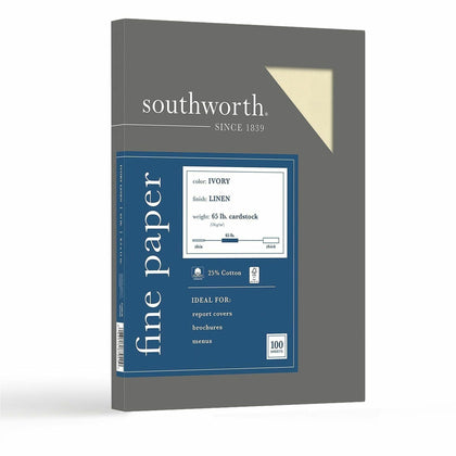 Southworth Business Cover Stock: 25% Cotton 65 lb Linen Textured Ivory - 100/Box - Specialty Paper