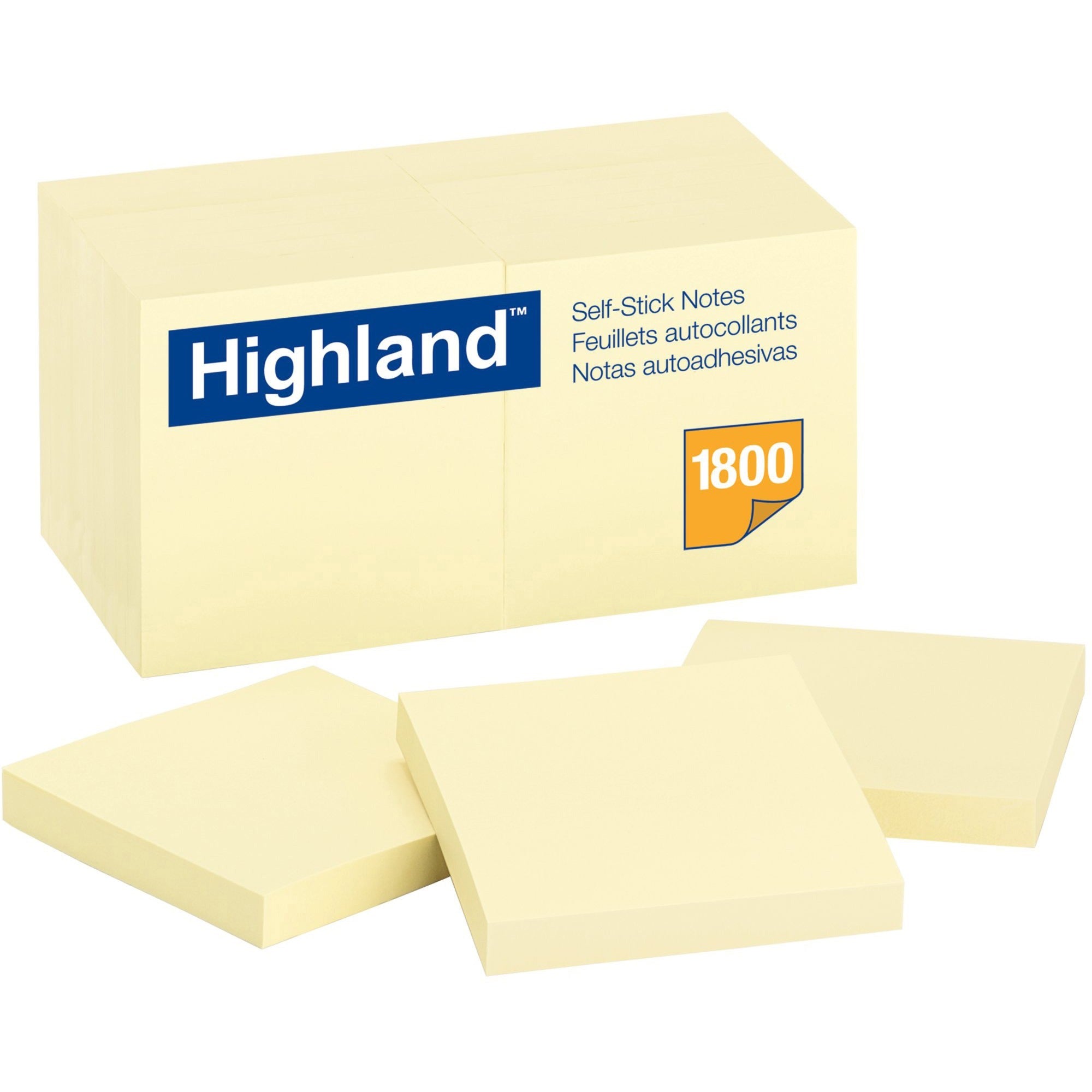 Highland Self-Sticking Notepads - 1800 - 3" Flag/Note Width x 3" Flag/Note Length - Square - 100 Sheets per Pad - Unruled - Yellow - Paper - Removable - 18 / Pack