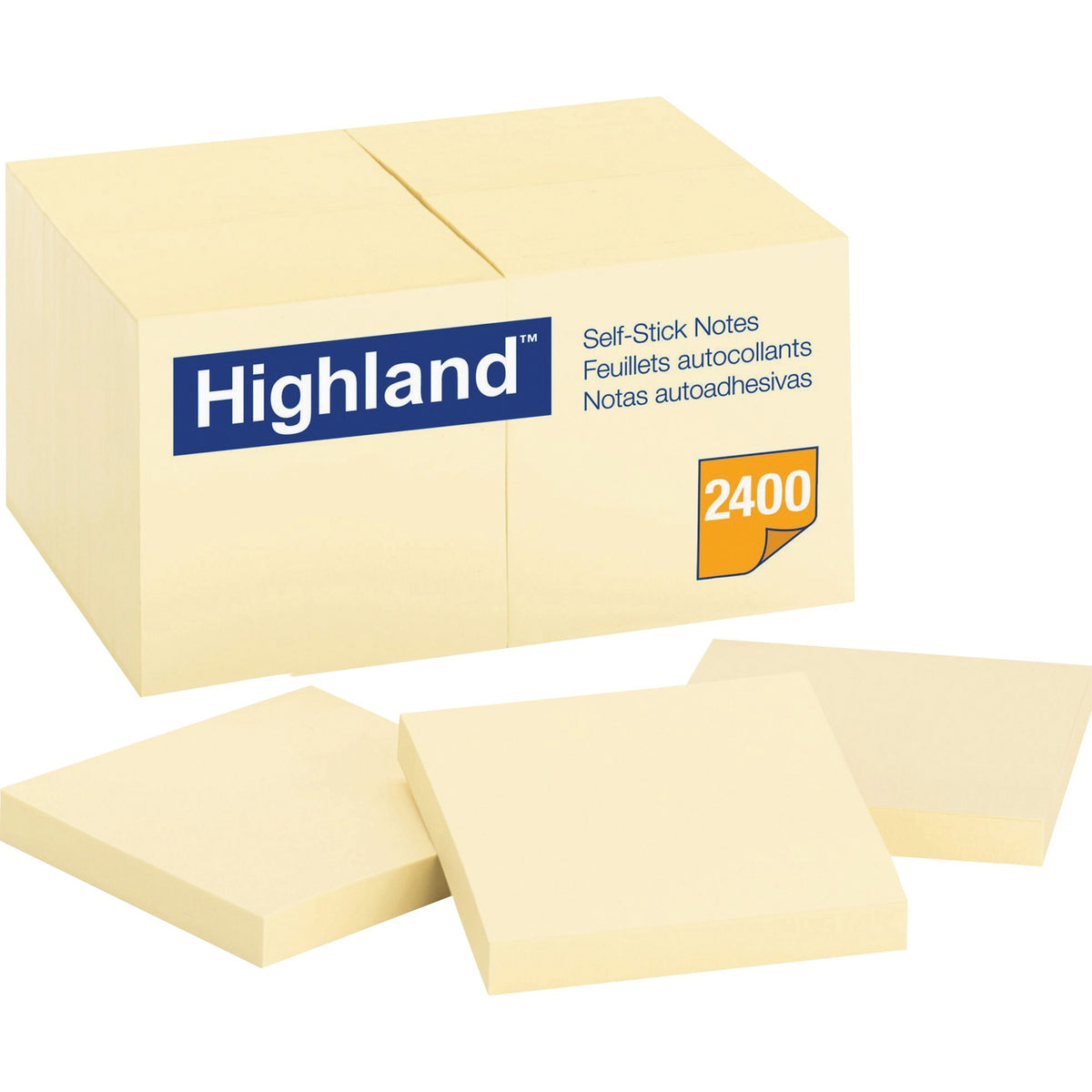 Highland Self-Sticking Notepads - 2400 - 3" Flag/Note Width x 3" Flag/Note Length - Square - 100 Sheets per Pad - Unruled - Yellow - Paper - Removable - 24 / Pack