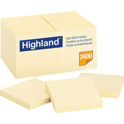 Highland Self-Sticking Notepads: 3’’ Square Yellow Flags 100 Sheets - 24 Pack - Adhesive Notes & Dispensers