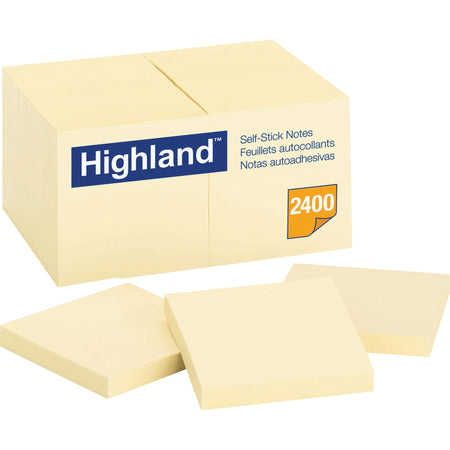 Highland Self-Sticking Notepads - 2400 - 3" Flag/Note Width x 3" Flag/Note Length - Square - 100 Sheets per Pad - Unruled - Yellow - Paper - Removable - 24 / Pack
