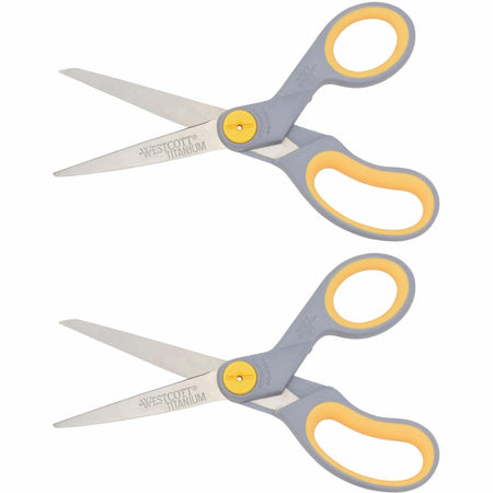 Westcott 8" Straight Soft Handle Titanium-Bonded Glide Scissors - 8" Overall Length - Straight-left/right - Titanium - Pointed Tip - Gray/Yellow - 2 / Pack
