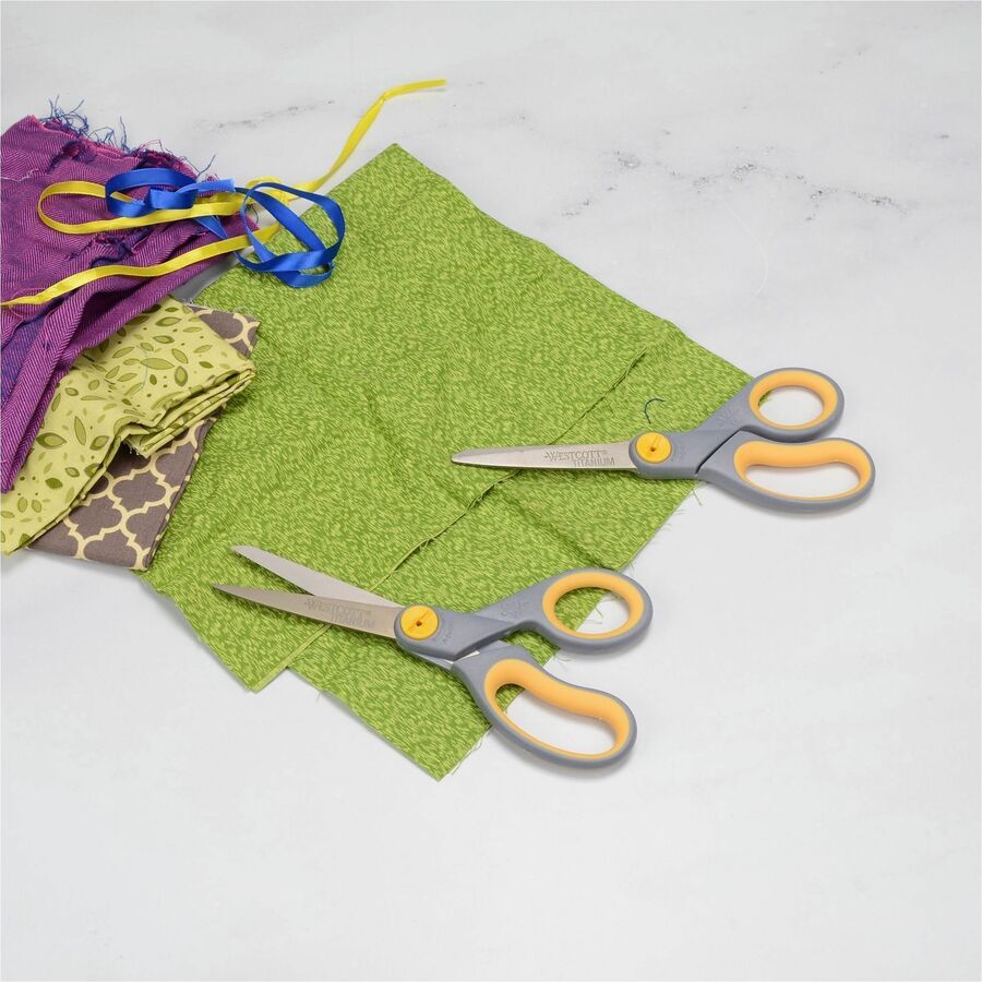 Westcott 8" Straight Soft Handle Titanium-Bonded Glide Scissors - 8" Overall Length - Straight-left/right - Titanium - Pointed Tip - Gray/Yellow - 2 / Pack