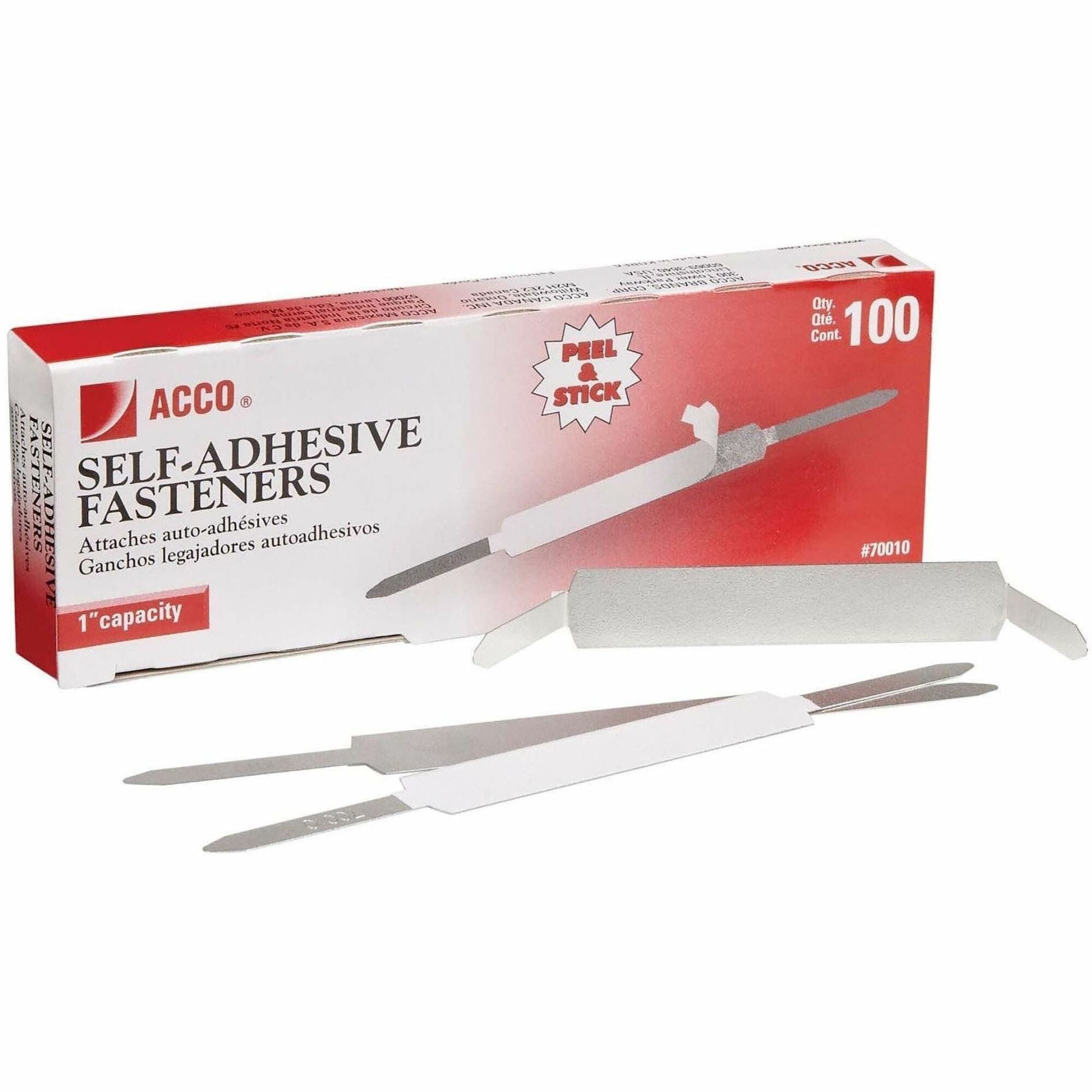 ACCO Self-Adhesive Fasteners - 1" Size Capacity - Self-adhesive, Coined Edge - Steel - 100 / Box