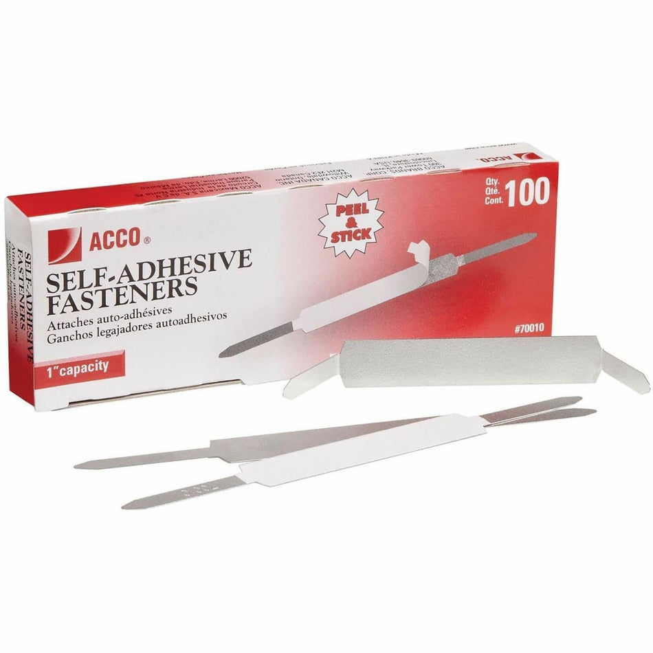 ACCO Self-Adhesive Fasteners - 1" Size Capacity - Self-adhesive, Coined Edge - Steel - 100 / Box