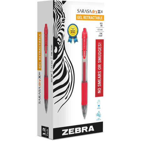 Zebra SARASA dry X20 Retractable Gel Pen - 0.5 mm Fine Pen Point - Retractable - Red Ink - Gel-based - Transparent, Red Barrel - 1 Dozen