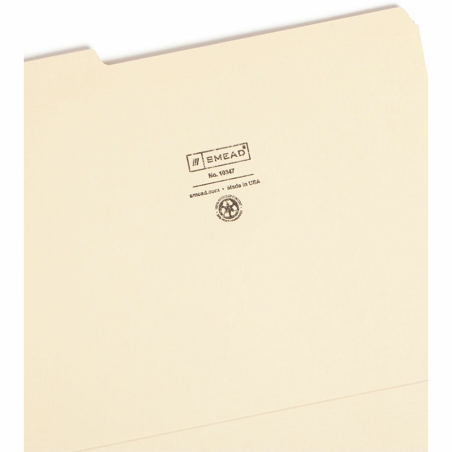 Smead 1/3 Tab Cut Letter Recycled Top Tab File Folder - 8 1/2" x 11" - Top Tab Location - Assorted Tab Position - 11 pt. - 2 Plys - Manila - Acid-free, Reinforced Tab - 100% Recycled - 100 / Box