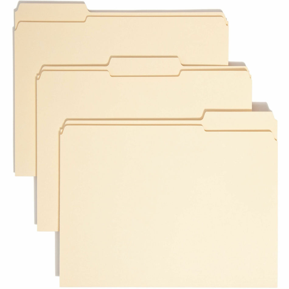 Smead 1/3 Tab Cut Letter Recycled Top Tab File Folder - 8 1/2" x 11" - Top Tab Location - Assorted Tab Position - 11 pt. - 2 Plys - Manila - Acid-free, Reinforced Tab - 100% Recycled - 100 / Box