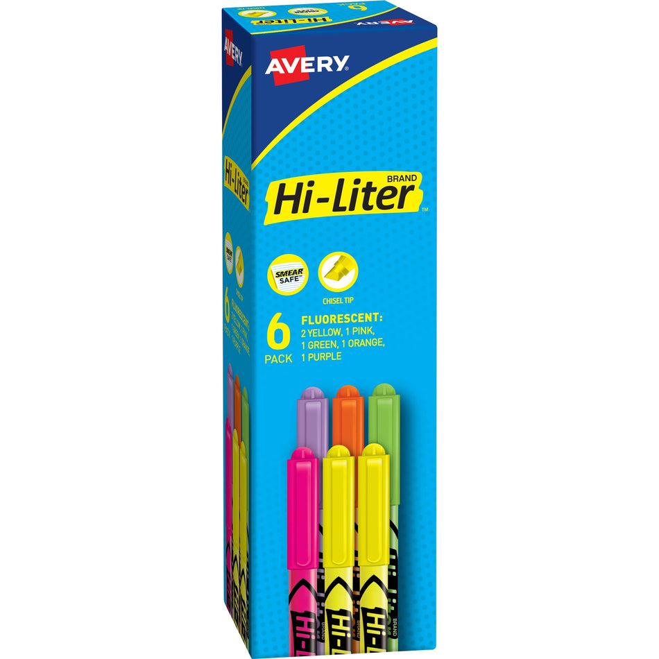 Avery®Pen-Style Fluorescent Highlighters - Chisel Marker Point - Washable - Fluorescent Green, Fluorescent Orange, Fluorescent Pink, Fluorescent Purple, Fluorescent Yellow Ink - 6 / Pack