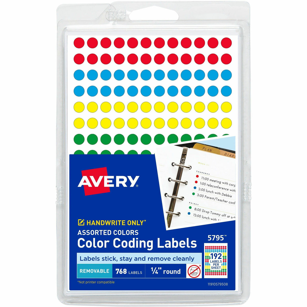 Avery®  Dot Stickers, 1/4" Diameter, Assorted, 760 Total (5795) - 1/4" Diameter - Removable Adhesive - Round - Matte - Green, Light Blue, Red, Yellow - Paper - 192 / Sheet - 4 Total Sheets - 768 Total Label(s) - 768 / Pack