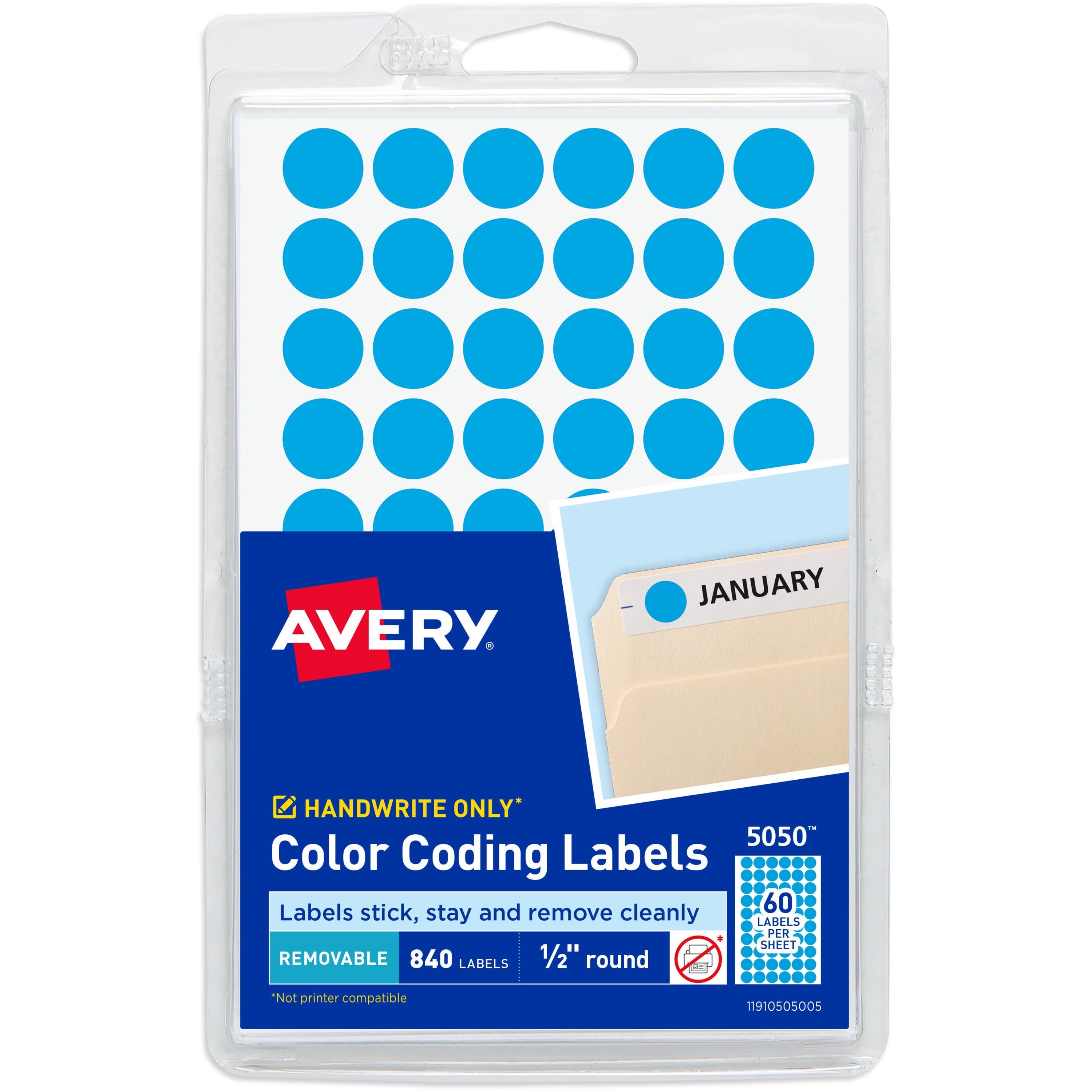 Avery®  Dot Stickers, 1/2" Diameter, Light Blue, 840 Total (5050) - 1/2" Diameter - Removable Adhesive - Round - Matte - Light Blue - Paper - 60 / Sheet - 14 Total Sheets - 840 Total Label(s) - 840 / Pack