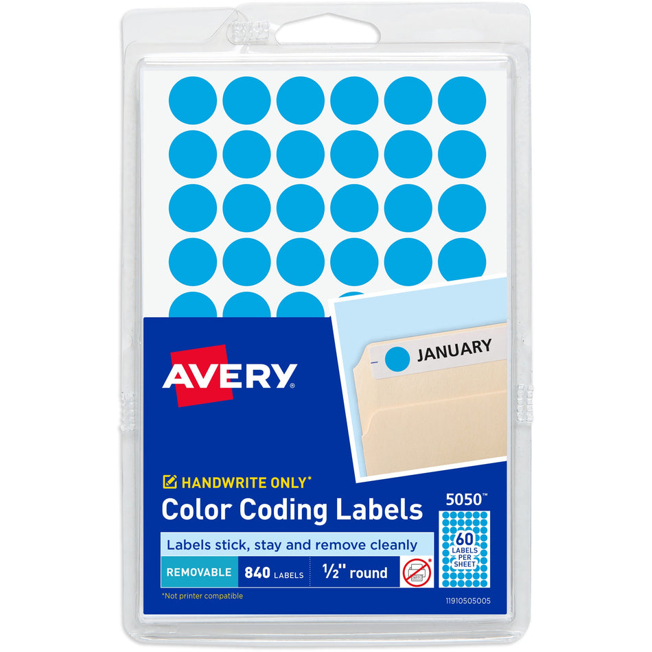 Avery®  Dot Stickers, 1/2" Diameter, Light Blue, 840 Total (5050) - 1/2" Diameter - Removable Adhesive - Round - Matte - Light Blue - Paper - 60 / Sheet - 14 Total Sheets - 840 Total Label(s) - 840 / Pack
