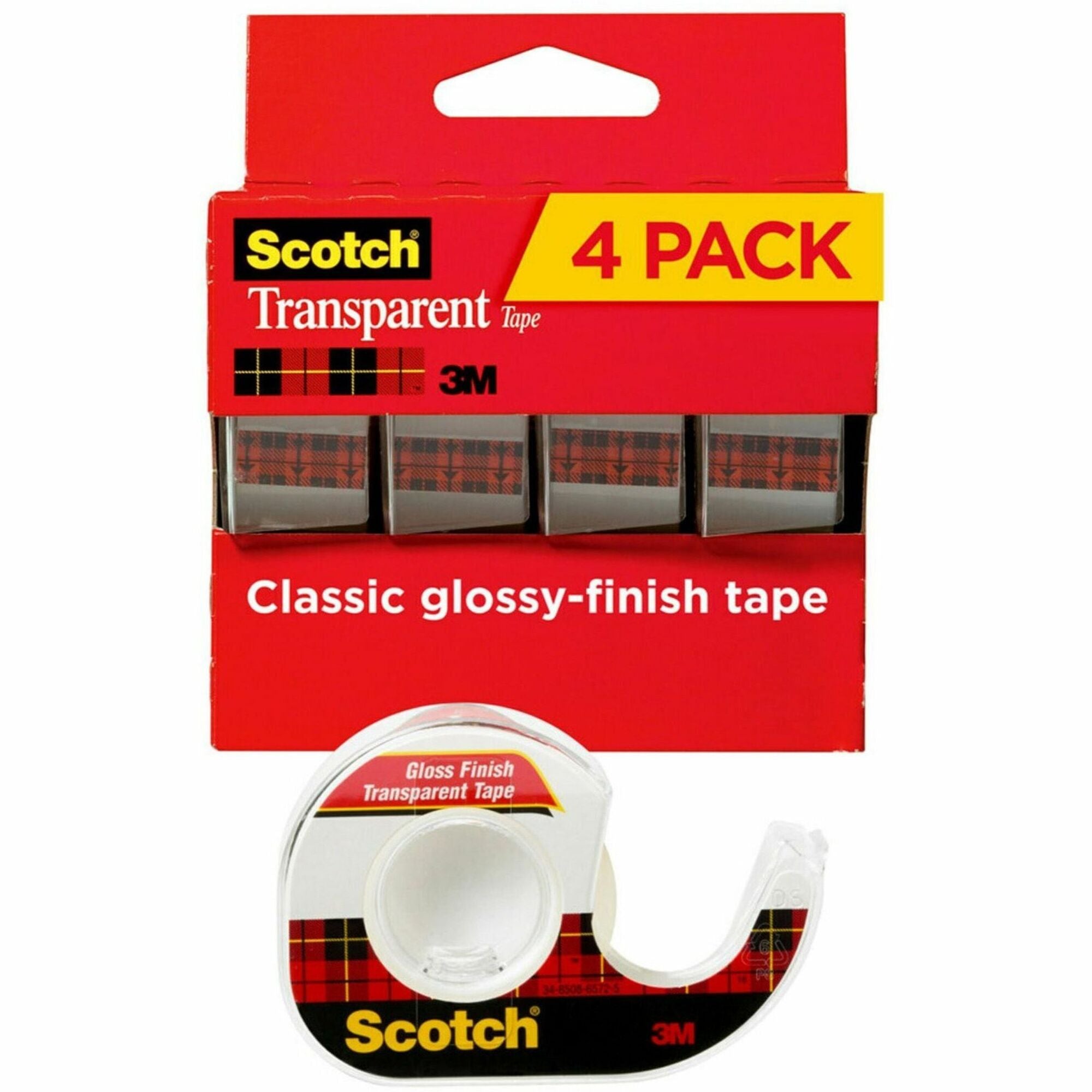 Scotch Transparent Tape - 23.61 yd Length x 0.75" Width - 1" Core - Clear - Dispenser Included - Handheld Dispenser - Stain Resistant, Moisture Resistant, Long Lasting - For Sealing, Label Protection, Wrapping, Mending - 4 / Pack