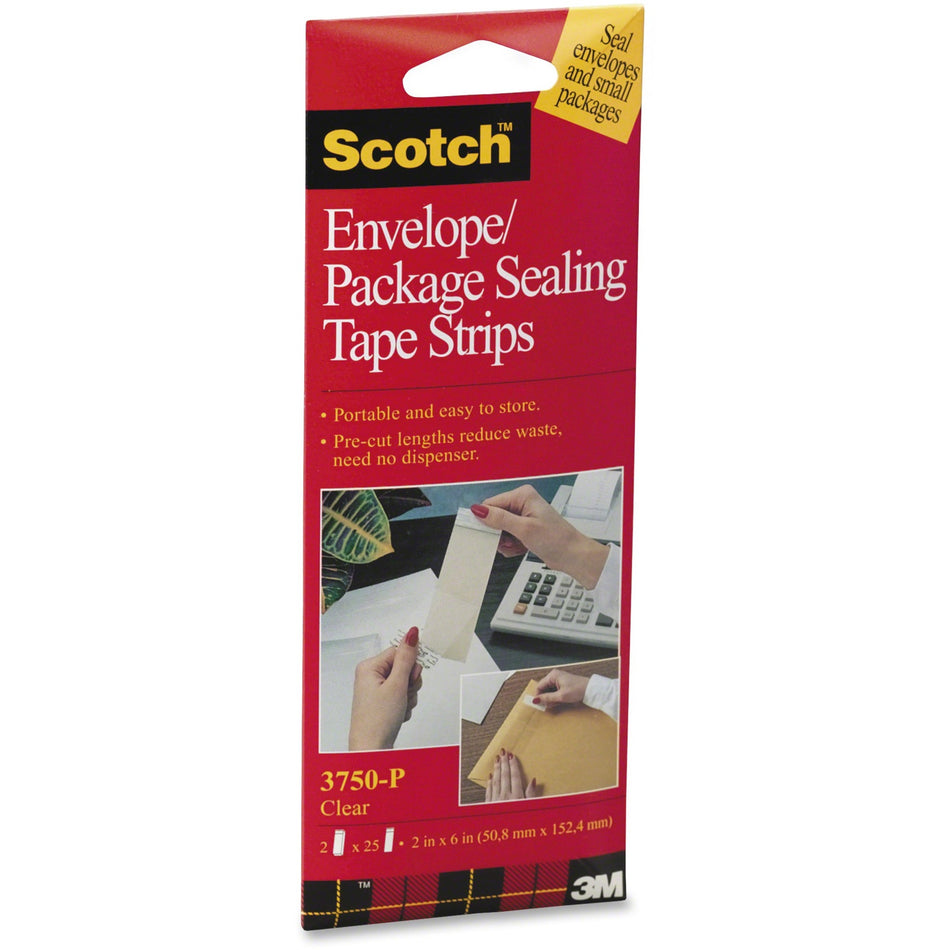 Scotch Envelope/Package Sealing Tape Strips - 6" Length x 2" Width x 3.1 mil Thickness - 3" Core - Clear - Synthetic Rubber Backing - Split Resistant, Moisture Resistant - For Protecting, Sealing, Packing - 25/Pad - 2 / Pack