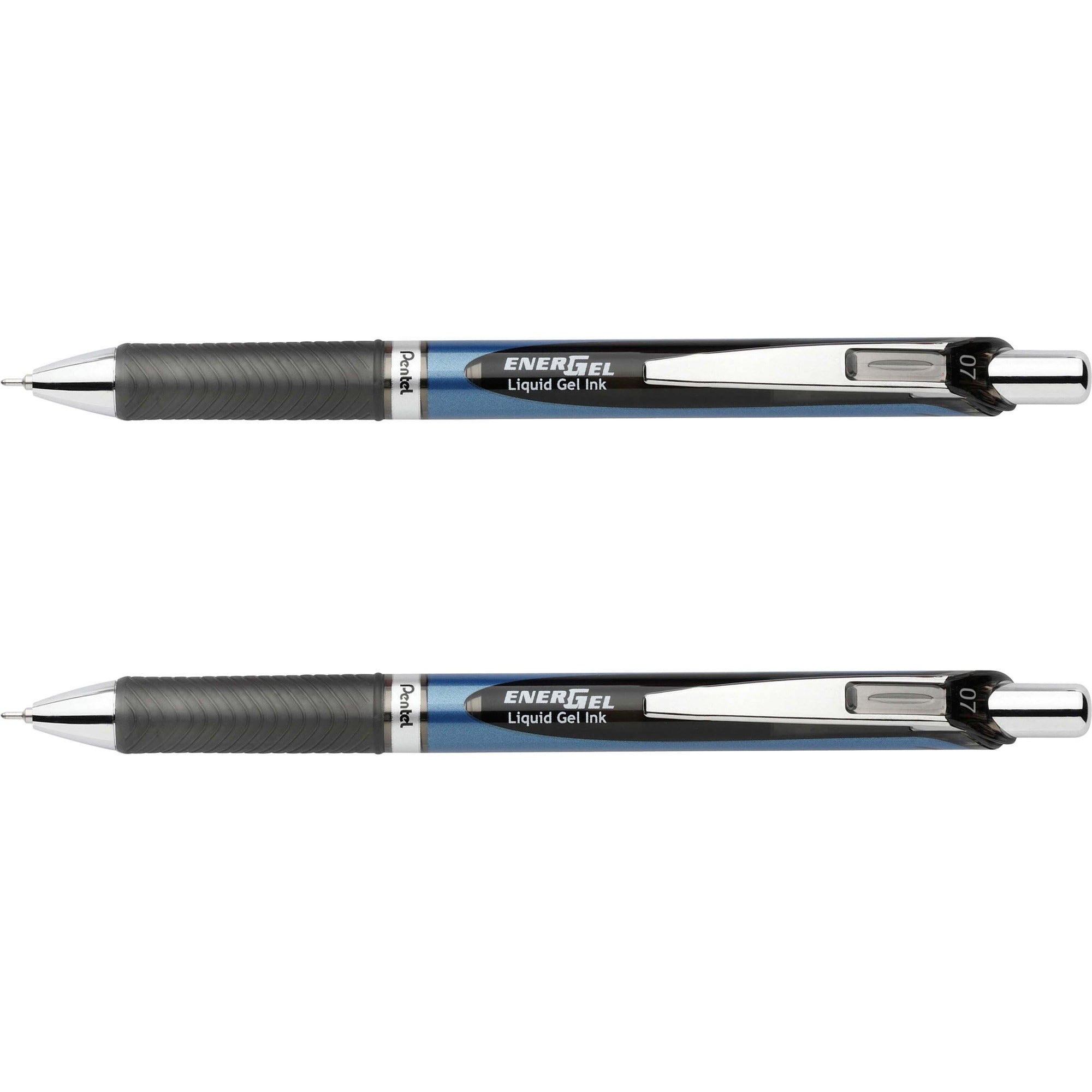 EnerGel EnerGel RTX Liquid Gel Pens - 0.7 mm Medium Needle Pen Point - Refillable - Retractable - Black Ink - Gel-based - Blue Barrel - Stainless Steel Tip - 2 / Pack