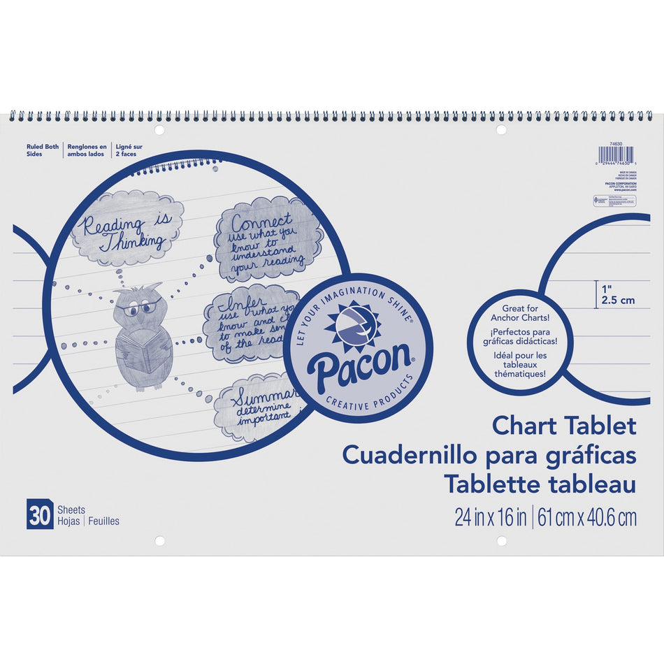Pacon Ruled Chart Tablet - 30 Sheets - Spiral Bound - Ruled Front Ruling - 1" Ruled - 24" x 16" Sheet Size - White Paper - Stiff Cover - Sturdy Back, Recyclable, Dual Sided - 1 Each