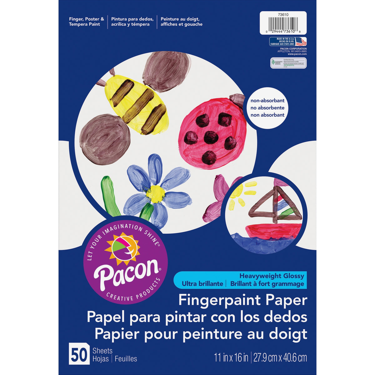 Pacon Coated Finger Paint Art Paper - 50 Sheets - 11" x 16" Sheet Size - White Paper - Non Absorbant, Bleed Resistant, Smear Resistant - 50 / Pack