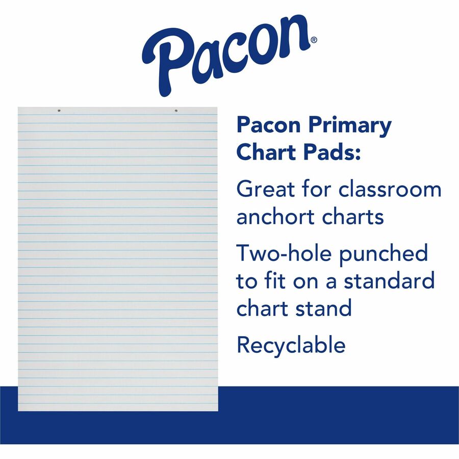 Pacon Ruled Chart Pad - 100 Sheets - Glue - Front Ruling Surface - 1" Ruled - 24" x 36" Sheet Size - White Paper - Chipboard Backing, Hole-punched, Recyclable - 1 Each