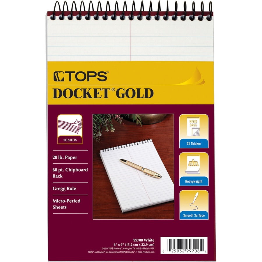 TOPS Docket Gold Spiral Steno Book - 100 Sheets - Coilock - 20 lb Basis Weight - 6" x 9" Sheet Size - 9" Height x 6" Width - White Paper - Frosty Clear Poly Cover - Perforated, Acid-free, Heavyweight, Unpunched - 1 Each