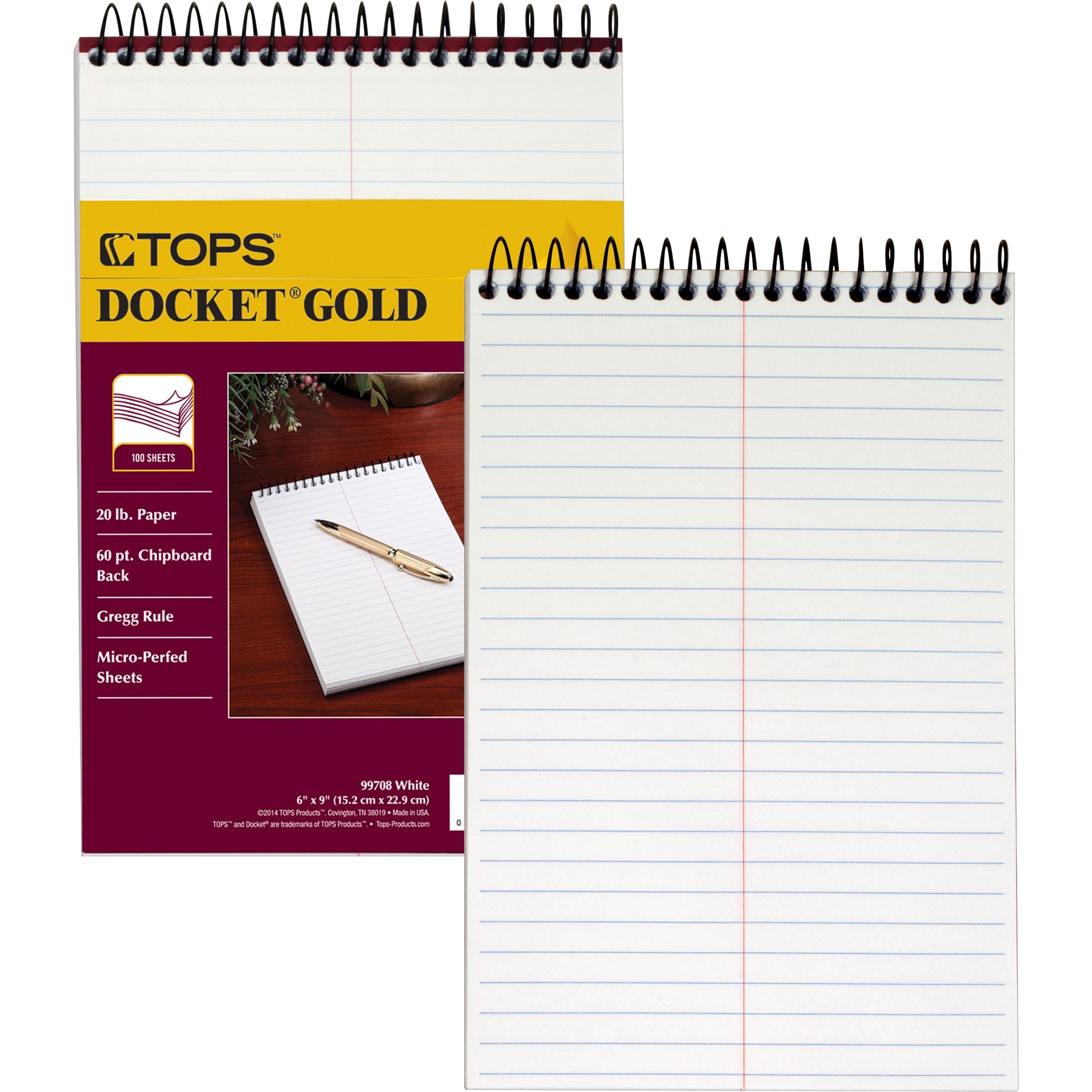 TOPS Docket Gold Spiral Steno Book - 100 Sheets - Coilock - 20 lb Basis Weight - 6" x 9" Sheet Size - 9" Height x 6" Width - White Paper - Frosty Clear Poly Cover - Perforated, Acid-free, Heavyweight, Unpunched - 1 Each